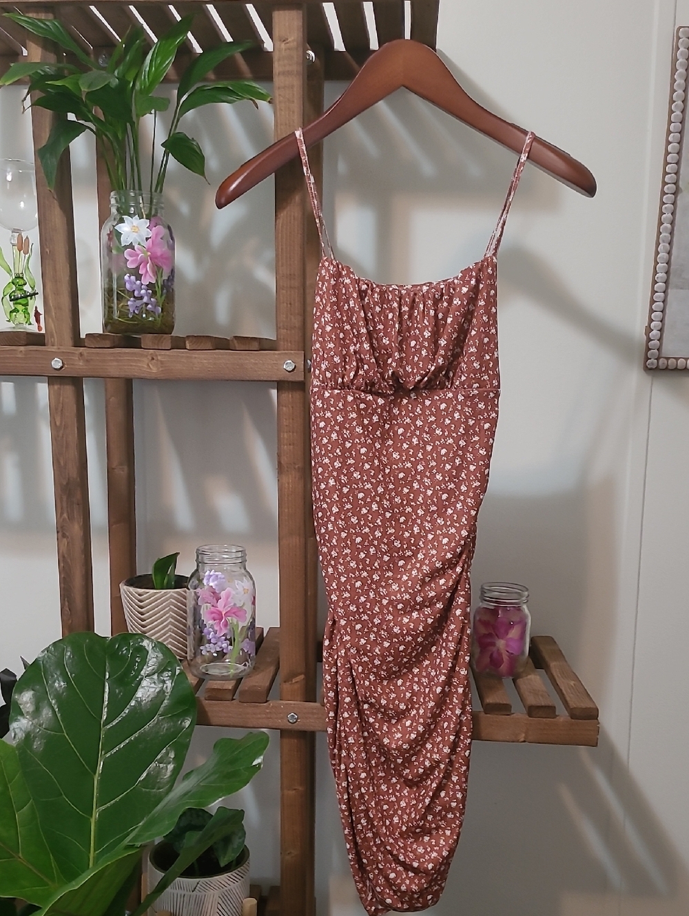 Brown Floral Spaghetti Strap Ruched Bodycon Dress